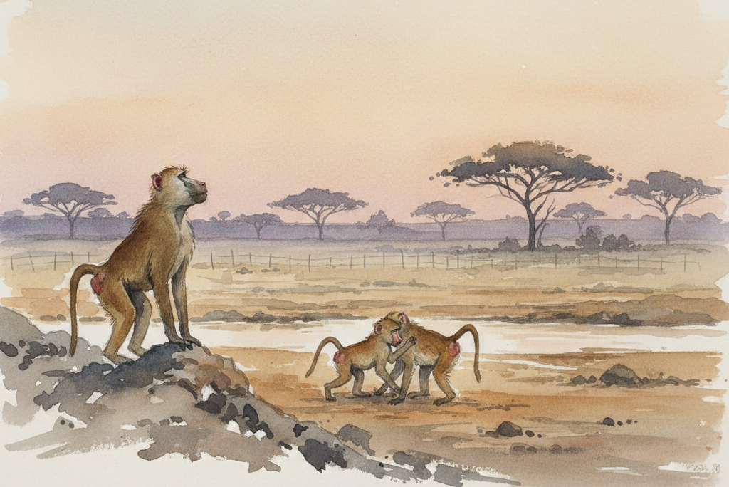 Watercolor painting of baboons in the Kruger National Park savanna